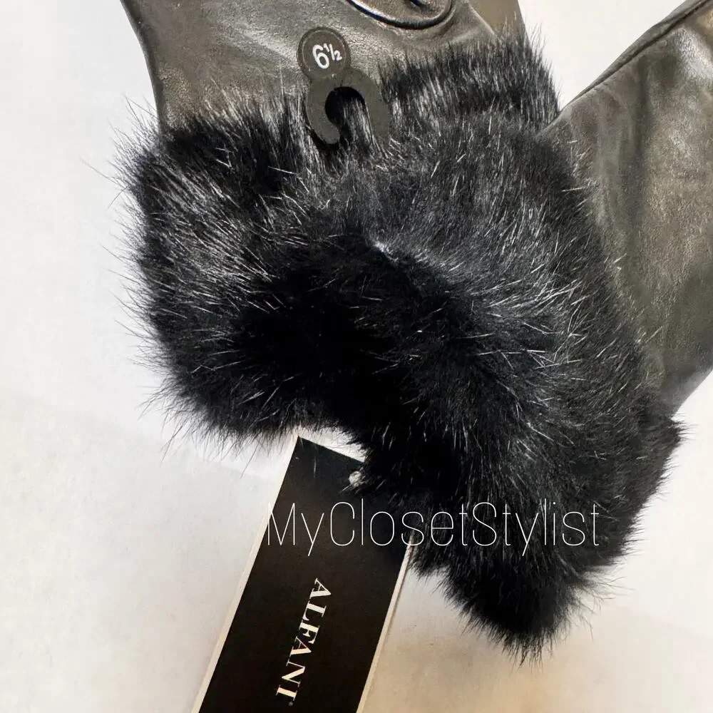 NWT Cashmere Lined Fur Trim Leather Gloves ALFANI LUXE Black! 6.5 LUXURY LINE